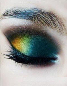 green, teal, gold, brown, eye makeup, eyes