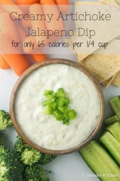 
                    
                        65 Calories and 1 PP Creamy Artichoke Jalapeno Dip made with yogurt and cream cheese!  Its delish!
                    
                