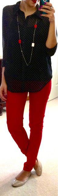 Outfit ideas: polka dot blouse, red skinny jeans, nude flats