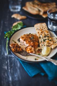 Panko Crusted Salmon in Piccata Sauce with Nigella Garlic Flatbread | Playful Cooking