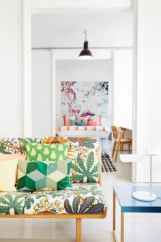 Interior photography by Linda Bergroth (http://www.viewmasters.fi/linda-bergroth/?slideshow=true#ad-image66) ~ via La maison d'Anna G. Josef Frank textile on sofa. there's an education in looking at the way other patterns were mixed with Mr. Frank's bold leafy one.