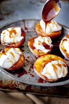 Grilled vanilla bean mascarpone peaches with salted caramel