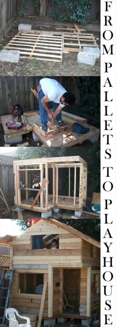 Another Pallet Playhouse on cinder blocks. I like the design, but I could never build this for my kids! I guess people don't realize that pallets are treated with extremely toxic chemicals, plus they rot SUPER easy. They aren't meant to be durable enough for extended outdoor use!