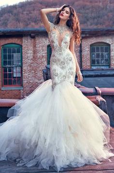
                    
                        Galia Lahav tulle mermaid wedding dress with high jeweled neckline. Galia Lahav, Spring 2016
                    
                