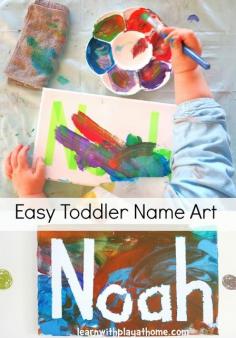 Learn with Play at home: Easy Toddler Name Art (yes, the big kids love this one too!). Perfect for early literacy, letter learning, and name recognition.