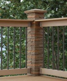 Dress up deck railings by adding faux stone post cover and cap.  This would be a great project and could use many different ideas. or our front porch