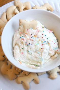 Good kid snack. Welcome to the Zoo: {Low Fat} Funfetti Cake Dip 1 (18.9 oz) box Funfetti cake mix2 cups fat-free plain yogurt1 cup lite Cool WhipFat-free animal crackers. (The Rainbow Party Chip mix does NOT taste as good, if there happens to be no Funfetti cake mix at your store.)