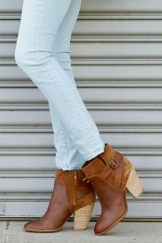 
                    
                        Cognac leather & suede bootie with a stacked heel and a cool side buckle
                    
                