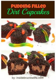 Pudding Filled Dirt Cupcakes - chocolate cupcakes with a pudding center and cookie crumbs and gummy worms on top.