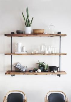 Industrial shelves - a nice partner for the open shelving made with galvanized pipes.