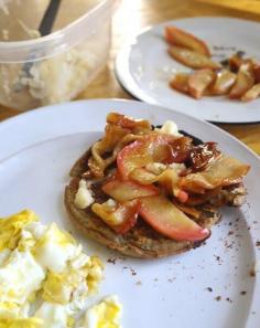 The perfect pre-Thanksgiving light breakfast to warm up my stomach for all the eating to come later today: scrambled eggs and a buckwheat waffle with honey butter frosting and caramelized apples.