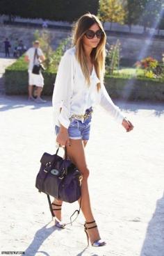 white shirt + jean shorts