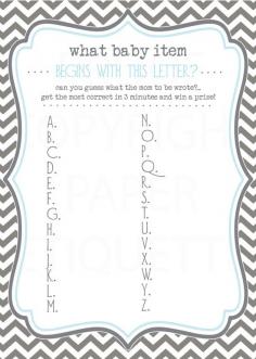 What baby item starts with the letter...? Fun word game for a baby shower. #babyshowergames #babyshower