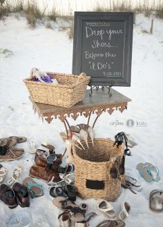 
                    
                        Set up a shoe station where guests can kick off their shoes and feel the sand between their toes. Destination Weddings, Beach Wedding Ideas
                    
                