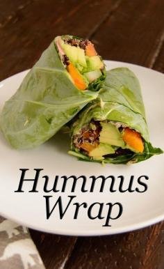 
                    
                        Easy Hummus Wrap. This healthy wrap uses collard greens! Vegan, gluten free, healthy easy summer lunch idea | www.PancakeWarrio...
                    
                