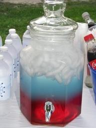 summer: fourth of july punch

What you need:

Cranberry Juice
Blue Gatorade Frost
Diet 7-Up
Ice cubes

What to do:

(Either in a Glass or a drink dispenser)

Fill the glass or drink dispenser with Ice.

Pour In the Cranberry Juice.

Next Pour in the Blue Gatorade Frost, BUT make sure that when you're pouring the Blue Gatorade Frost that you pour straight onto some of the ice to gently add the layer. If you pour it directly into the juice it will mix!

Next, pour in the Diet 7up, also pour onto an ice cube to prevent them from mixing.

The website I saw this idea on said the layers would stay like this for a little while and then mix together. I made this at 5pm and by 9pm the layers were still perfect....smaller but still perfect. haha
