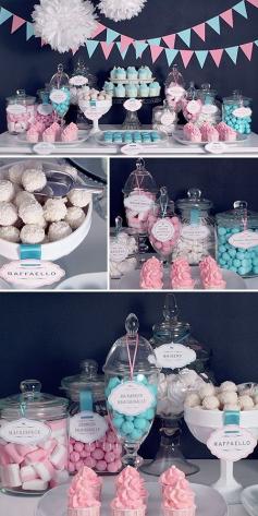 Pink and Blue Gender Reveal Party Dessert Table Idea http://www.yesbabydaily.com/blog/wedding-candy-bars