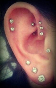 Might end up with something like this picture on my right ear. Triple helix (already have originally wanted a spiral) and a triple forward helix ( really really want). Won't get a tragus on this side. Might eventually get the rook too though. Only have a single lobe piercing might get more not sure.