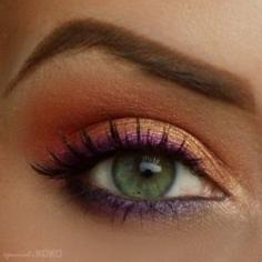 Purple eye liner with peachy pink and gold eyeshadow. Look what it does to green eyes! @ Hair Color and Makeover Inspiration