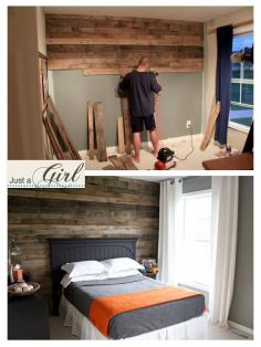 Wood plank wall behind bed...would be cool in a boys room