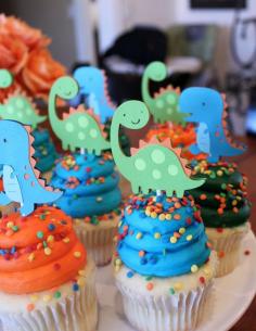 Dinosaur Cupcake Toppers Lime Green Orange and Turquoise Blue Boy Dino Birthday Party Decorations. $18.00, via | http://healthydessert5283.blogspot.com