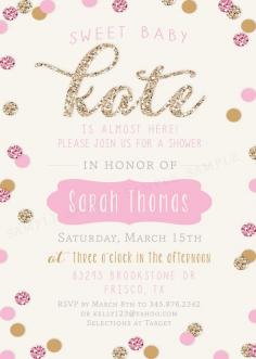 Baby girl shower invitation, gold and pink.