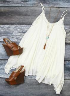
                    
                        Girly & Boho. White Flowy Dress & Brown Wedges.
                    
                