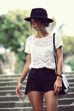 Crochet top, ideal for a Sunday afternoon Hats, Black Shorts, Summer Fashion, Lace Tops, Style, Summer Outfits, Spring S...