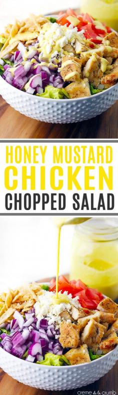 Honey Mustard Chicken Chopped Salad-A quick and delicious chopped salad with seasoned chicken, feta cheese, crispy wonton strips and topped with a (secretly skinny) creamy honey mustard dressing.