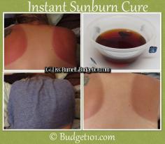 INSTANT SUNBURN CURE- how to fix a painful sunburn and turn it into a painless tan with this tried and true trick. Brew 5-6 bags of earl grey tea and soak a towel in it. Apply towel to sunburn for at least 30 minutes.