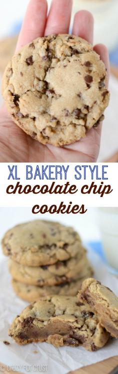 XL Bakery Style Chocolate Chip Cookies - This cookie recipe is better than the bakery! Made with brown butter the cookies are gooey, huge, and fabulous.