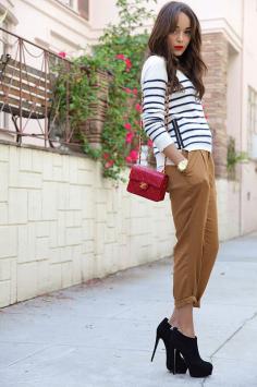 Top 5 street style looks from our style crush #Ashley #Madekwe #stripes #3/4pants #red #bag #boots www.herfashionbox.com