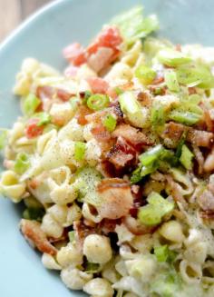 
                    
                        BLT pasta salad. 3 points plus / 1 cup 3⅔ cup large macaroni shells pasta, cooked 4 cup tomatoes, diced 4 slice bacon, cooked and crumbled 3 cup lettuce, thinly sliced 1 tsp sugar 2 tsp cider vinegar ½ cup fat free mayonnaise ⅓ cup light sour cream 1 tbsp dijon mustard 1 salt 1 pepper
                    
                