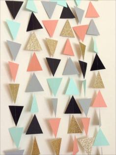 Coral Mint Gold Grey Black Geometric Triangle Garland - Baby Shower Garland, Birthday Garland, Party Decor, Nursery Garland, Tribal by LaCremeBoutique on Etsy