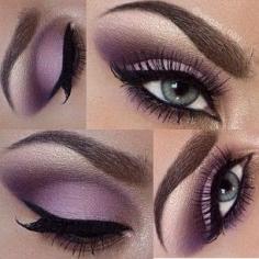 Shimmery purple eye makeup with winged liner