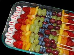 healthier after baseball game snack - fruit kabobs with a marshmallow baseball by Simply Sweets, via Flickr @Melissa Squires Squires Reyes