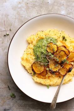 Creamy Polenta with Crispy Beets + Dill Pistachio Pesto | @withfoodandlove - YUM! The lightness of the dill pesto perfectly compliments the earthiness of the beets.