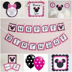 Minnie Mouse Birthday Party Collection: banner, invitation, centerpiece, cupcake toppers, sign, balloons, and more by 5M Creations