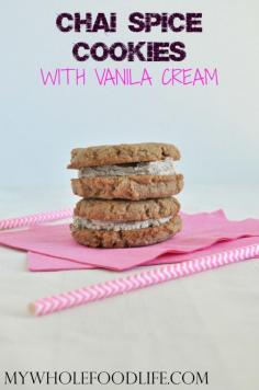 
                    
                        Flourless Chai Sandwich Cookies with a vanilla cream filling. To die for!  Vegan, grain free and gluten free.
                    
                