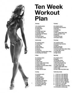 10 Week Workout Plan ... good ideas for working out at home-- I'll look like her after 10 weeks, right?!?! :)