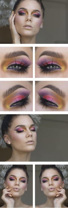 Linda Hallberg makeup look "Summer Feelings" - bright summery pink, purple and orange winged eye shadow and light nude lips.