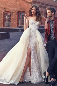 
                    
                        Strapless lace wedding dress with a removable overlays. Galia Lahav, Spring 2016
                    
                