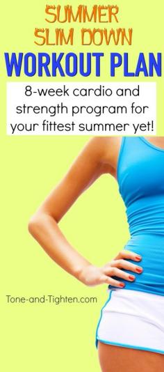 
                    
                        Summer Slim Down Workout series - cardio to slim down and strength to tone up! Get it from Tone-and-Tighten.com
                    
                