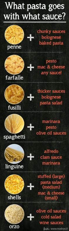 I never would have guessed different types of pasta was meant for different sauces. I thought all the different pasta types were just so adults could have a little fun picking out pasta at the grocery store.