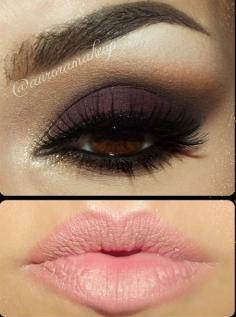 Gorgeous, love the purple smokey eye with the pinky nude lips.