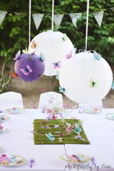 white fairy and butterflies party centerpiece ideas | Butterfly Birthday Party Decor Ideas via lilblueboo.com