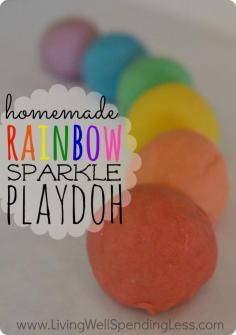 Awesome homemade play dough recipe!  Uses essential oils for scent & sparkle for an extra fun touch!  GREAT homemade gift idea for kids!