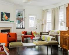 
                    
                        Interior, Contemporary Living Room From Annie Hall Boston Interior Also Red Orange Modern Armchairs Also Brown Couch Color And Antique Wooden Cabinet Design Also Antique White Curtains Color And Classic Fireplace: Get a Cute Interior Design with Boston Interior
                    
                