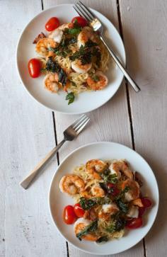 Shrimp & Bacon Pasta with Crispy Kale | Betsylife.com