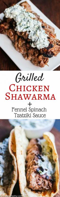 
                    
                        Grilled Chicken Shawarma with Fennel Spinach Tzatziki Sauce - the chicken is marinated with Greek yogurt, allspice, coriander, cumin and cinnamon; and the sauce is a mixture of Greek yogurt, fresh dill, mint, parsley, spinach, fennel and cucumber. Impress your family and friends with this flavorful grilled chicken dish served with a cool topping. ~ jeanetteshealthyl...
                    
                